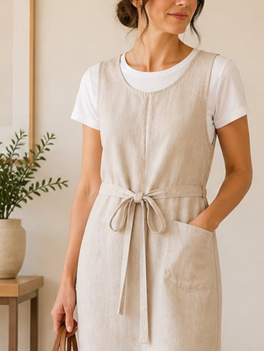 European Linen Blend Tie-Waist Dress – Natural Beige – XXL - Picture 2 of 10